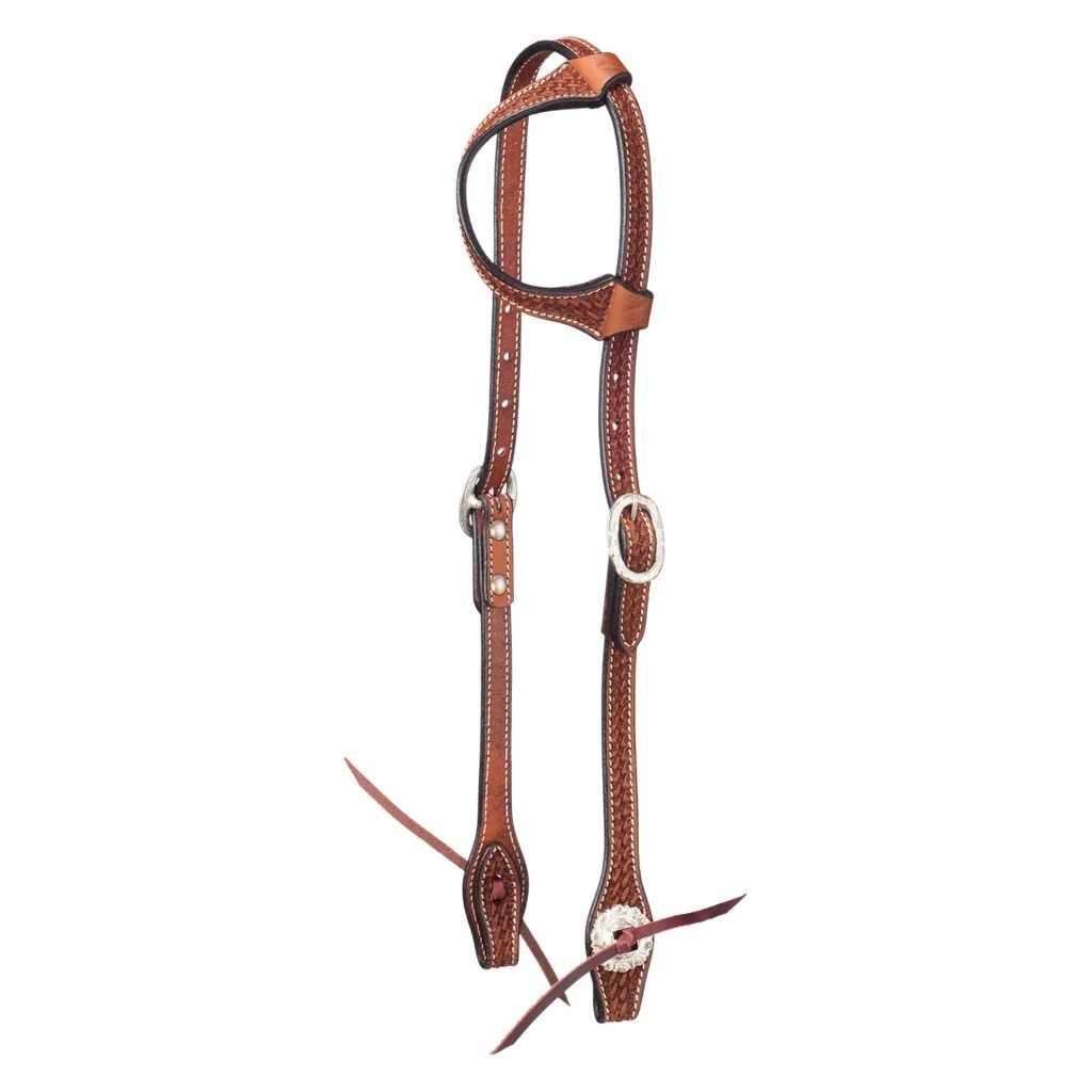 Tough-1 Leather Single Ear Headstall, Basket Stamp with Silver Hardware, 42-1410-33-0